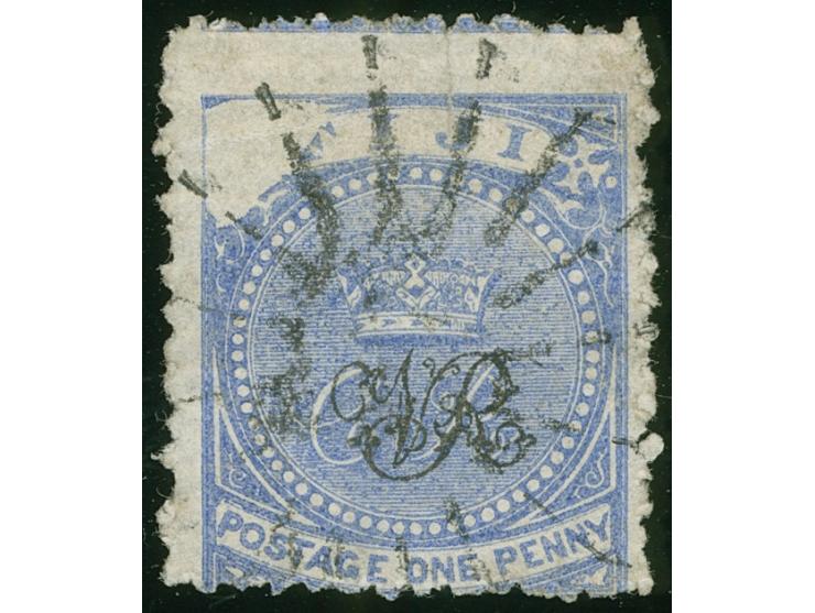 1877, Govt. Printing: 1 d. blue on laid paper with monogram "VR" overprint, variety "Void Corner" at top left (Row 2, stamp 1