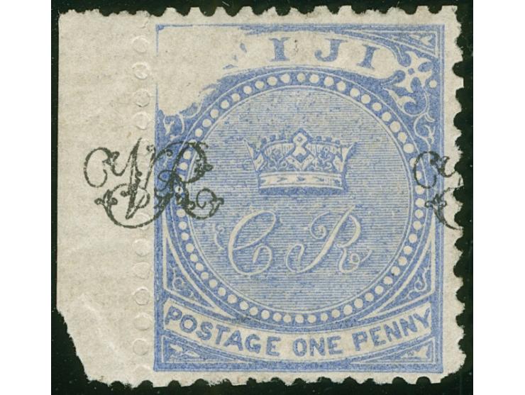 1877, Govt. Printing: 1 d. blue on laid paper with shifted monogram "VR" overprint to left margin, variety "Void Corner" at t