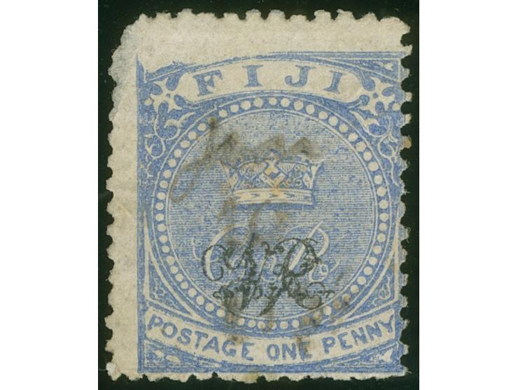 1877, Govt. Printing: 1 d. blue on laid paper with monogram "VR" overprint, variety "Void Corner" at top left (Row 2, stamp 1