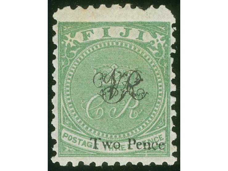 1877, Govt. Printing: 2 d. on 3 d. yellow-green, on laid paper with monogram "VR" overprint, perforation 11, unused, two shor