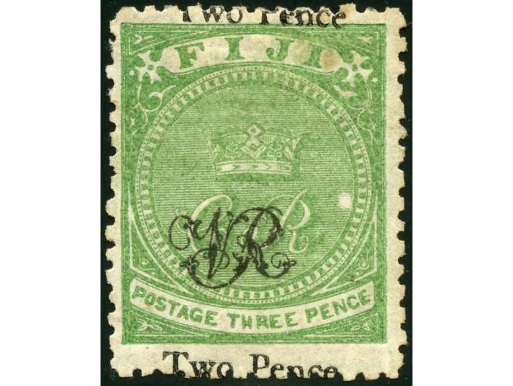 1877, Govt. Printing: 2 d. on 3 d. yellow-green, on laid paper with monogram "VR" overprint, perforation 12½, unused, variety