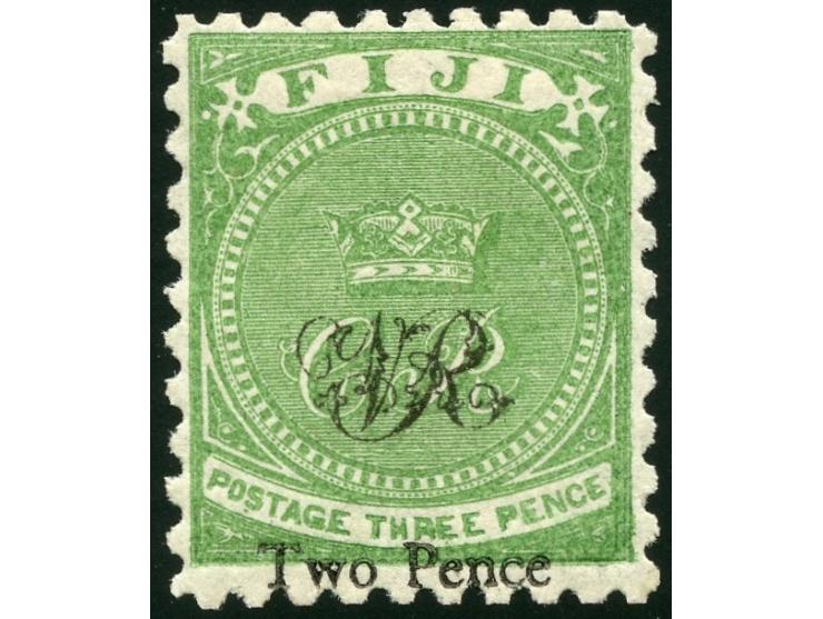 1877, Govt. Printing: 2 d. on 3 d. yellow-green, on laid paper with monogram "VR" overprint, perforation 10, unused, good per