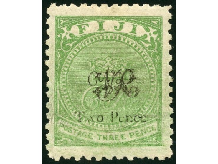 1877, Govt. Printing: 2 d. on 3 d. yellow-green, on laid paper with monogram "VR" overprint, perforation 11, unused, good per