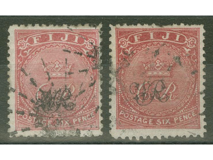 1877, Govt. Printing: two stamps 6 d. showing shades rose and carmine-rose, on laid paper with monogram "VR" overprint, both 
