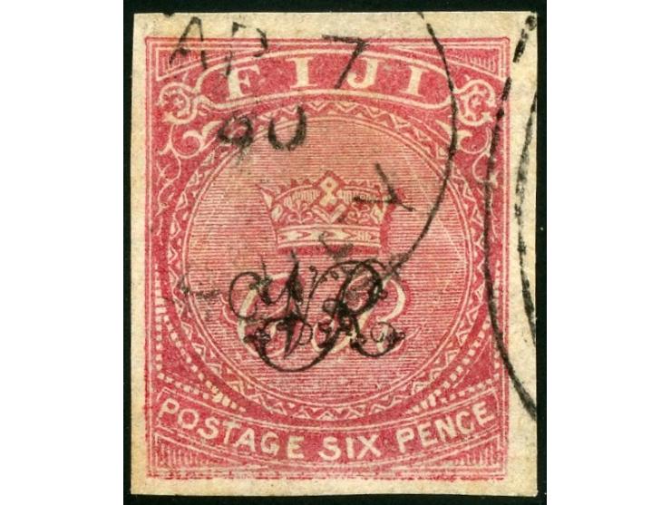 1877, Govt. Printing: 6 d. rose, on laid paper with monogram "VR" overprint, clear cancelled at arrival Sydney Apr/7 1880, un