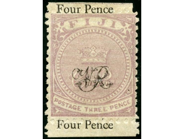 1877, 4 d. on 3 d. mauve, on laid paper with monogram "VR" overprint, perforation 12½, unused, variety ‘shifted to double ove