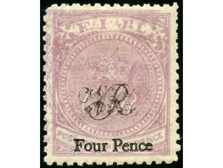1877, 4 d. on 3 d. mauve, on laid paper with monogram "VR" overprint, unused, variety ‘double print of mauve colour’, good pe