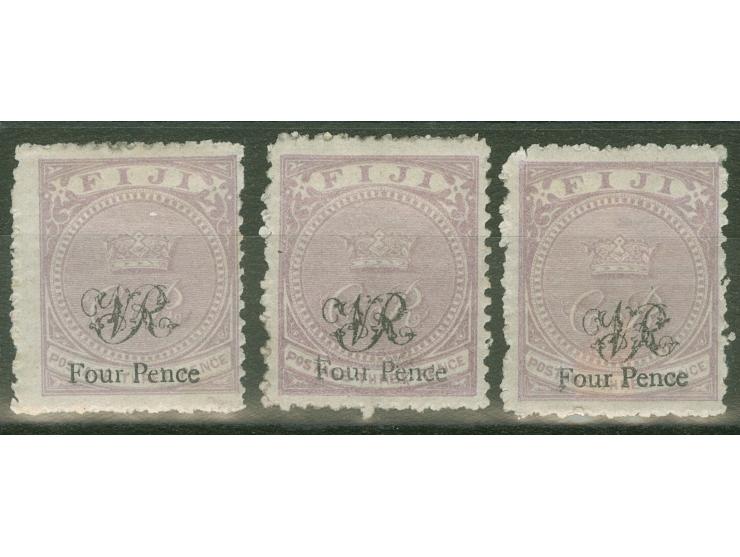 1877, three stamps 4 d. on 3 d. showing shades of mauve, on laid paper with monogram "VR" overprint, unused, good perforation
