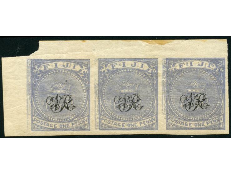 1876, On paper lithographed “VR”: 1 d. blue in a greyish shade on wove paper, an unused horizontal strip of three from the Pr