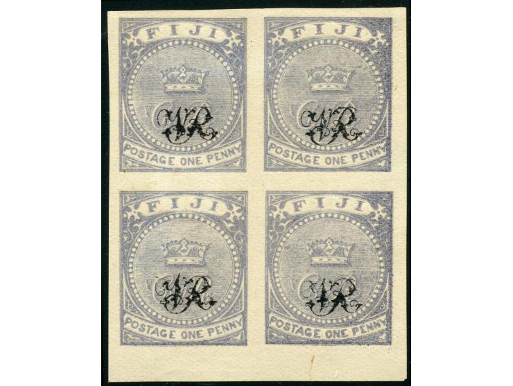 1876, On paper lithographed “VR”: 1 d. blue in a greyish shade on wove paper, an unused bottom margin block of four from the 