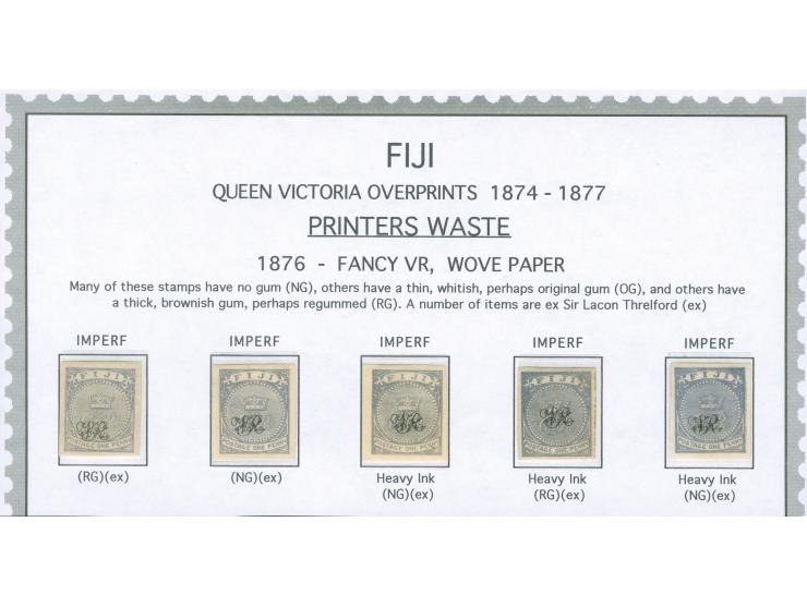 1876, On paper lithographed “VR”: five stamps 1 d. blue in a greyish shade on wove paper, all from the Printer's Waste / Tria