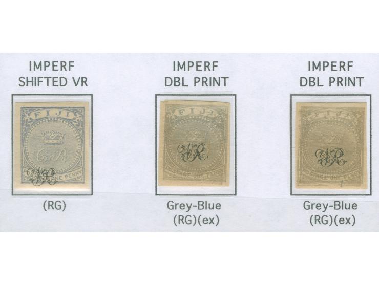 1876, On paper lithographed “VR”: three stamps 1 d. blue in a greyish shade on wove paper, all from the Printer's Waste / Tri