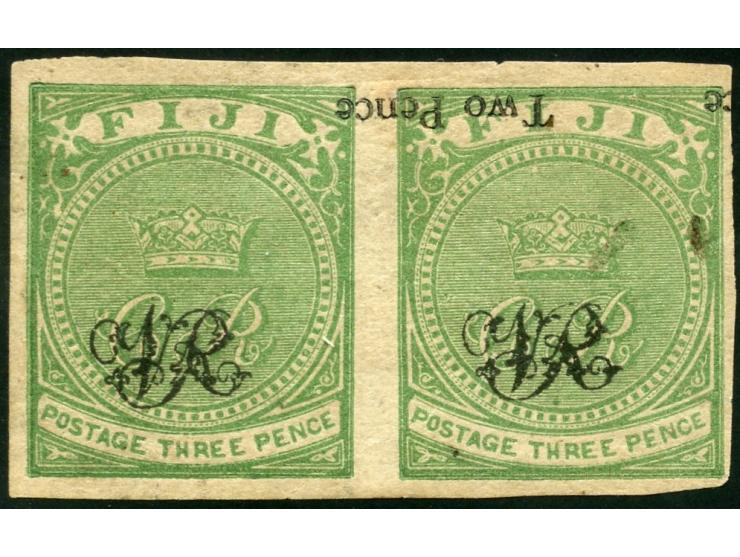 1876, On paper lithographed “VR”: horizontal pair 2 d. on 3 d. pale green on wove paper from the Printer's Waste / Trial shee