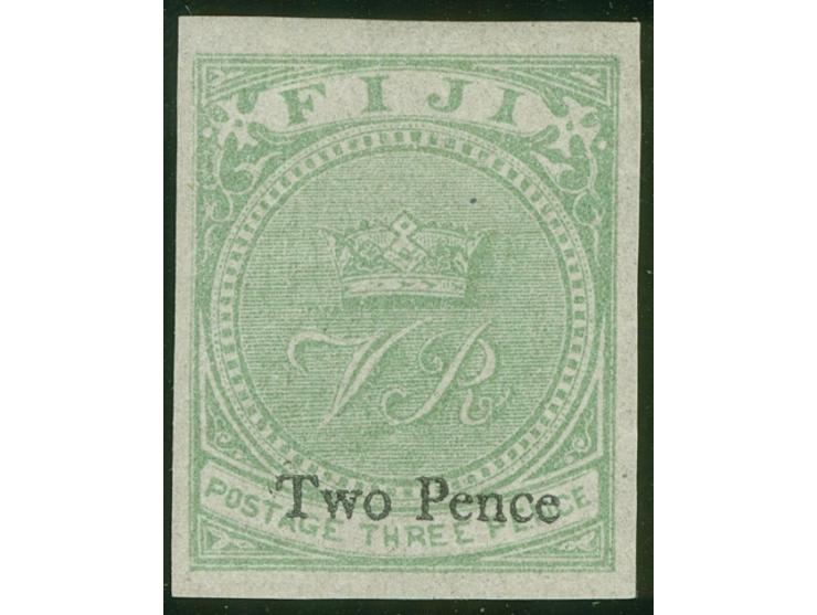 1876, On paper lithographed “VR”: 2 d. on 3 d. pale green on wove paper from the Printer's Waste / Trial sheets, imperforated