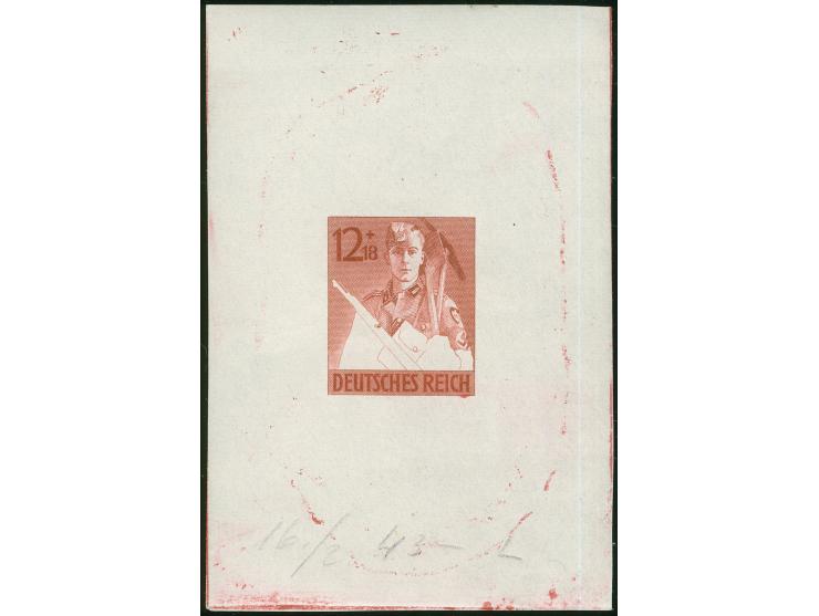 1943, Arbeitsdienst 12 Pfg. braunkarmin, Probedruck in Papierformat 59 x 88 mm, unterer Teil der Zeichnung unvollendet, unges