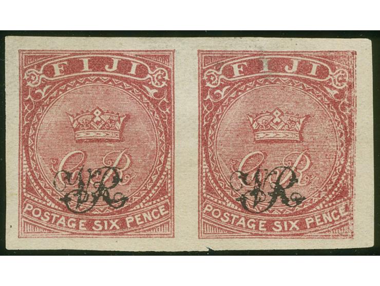1876, On paper lithographed “VR”: pair 6 d. deep carmine-rose on wove paper from the Printer's Waste / Trial sheets, imperfor