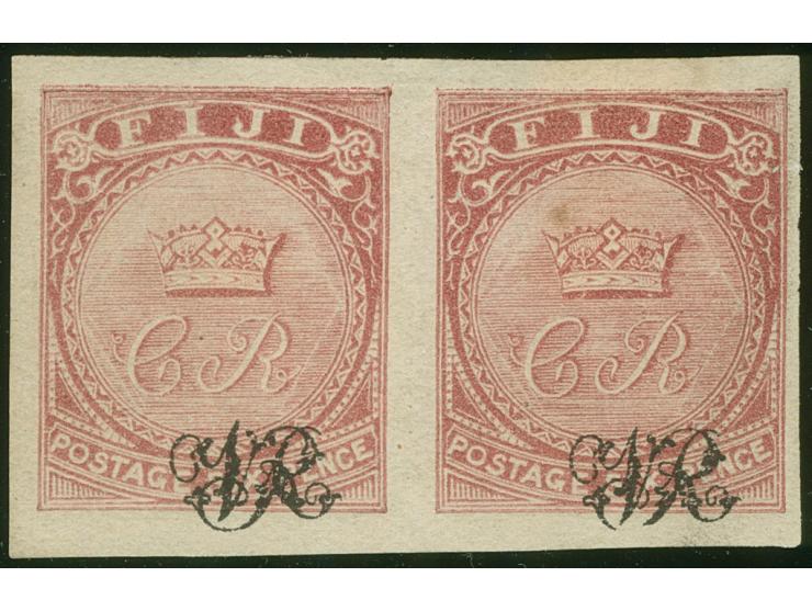 1876, On paper lithographed “VR”: pair 6 d. light carmine-rose on wove paper from the Printer's Waste / Trial sheets, imperfo