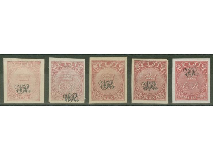 1876, On paper lithographed “VR”: five stamps 6 d. showing shades poor print to deep carmine-rose on wove paper from the Prin