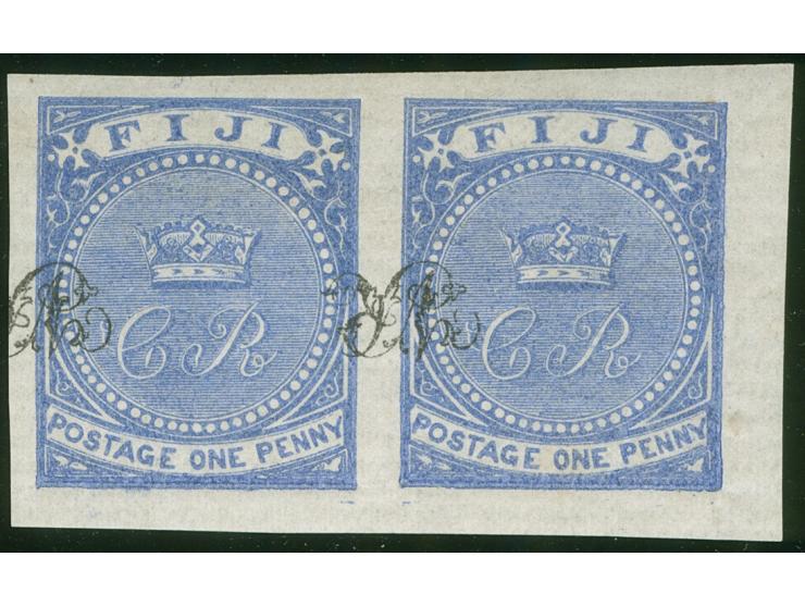 1876, On paper lithographed “VR”: pair 1 d. blue on laid paper from the Printer's Waste / Trial sheets, imperforated, deep im