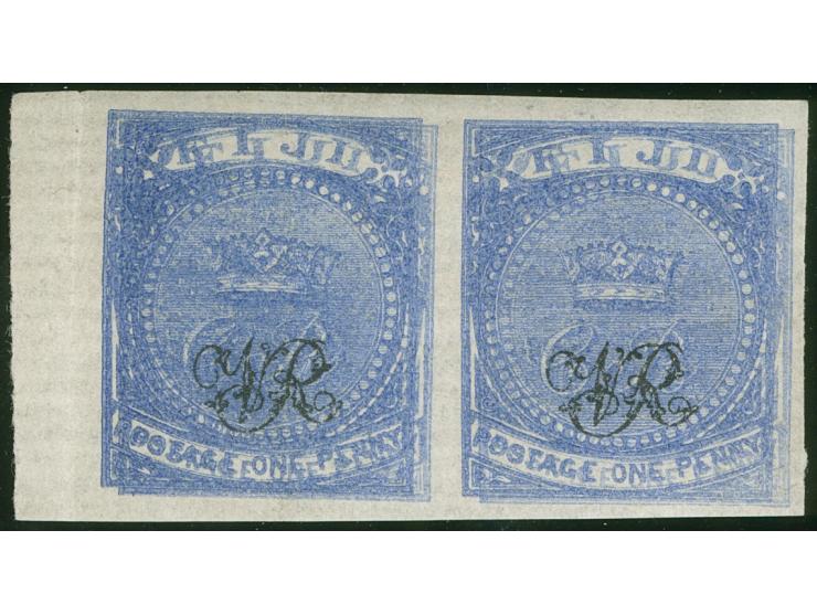 1876, On paper lithographed “VR”: pair 1 d. blue on laid paper from the Printer's Waste / Trial sheets, imperforated, variety