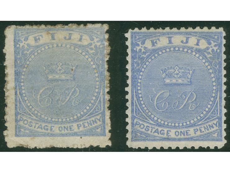 1876, On paper lithographed “VR”: two stamps 1 d. blue on laid paper from the Printer's Waste / Trial sheets, perforated, sho