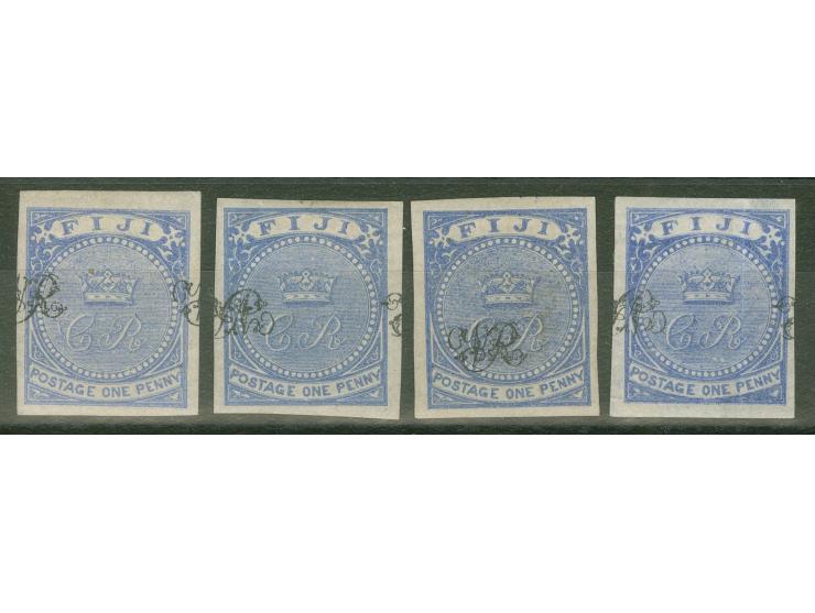1876, On paper lithographed “VR”: four stamps 1 d. blue on laid paper from the Printer's Waste / Trial sheets, all imperforat
