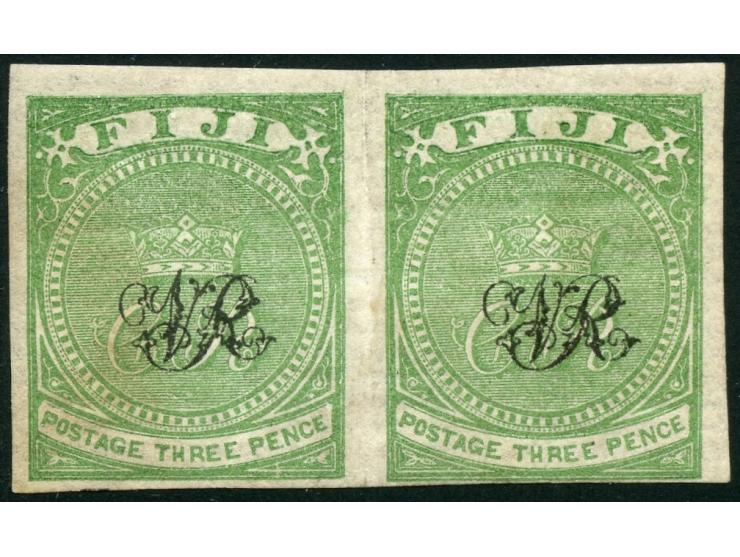 1876, On paper lithographed “VR”: pair 3 d. yellow-green on laid paper from the Printer's Waste / Trial sheets, imperforated,