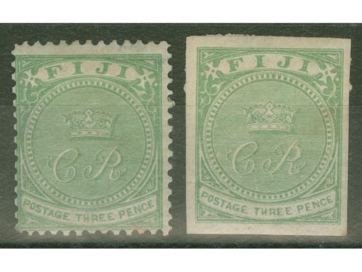 1876, On paper lithographed “VR”: two stamps 3 d. yellow-green on laid paper from the Printer's Waste / Trial sheets, imperfo