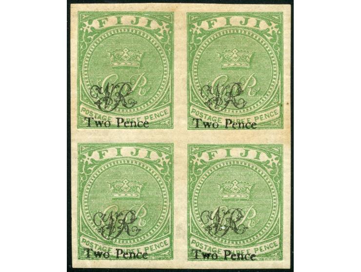 1876, On paper lithographed “VR”: two pence on 3 d. yellow-green on laid paper from the Printer's Waste / Trial sheets, imper