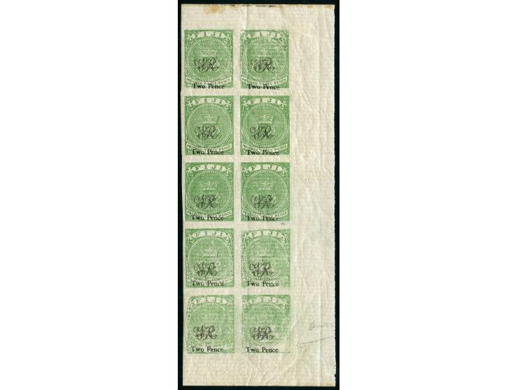 1876, On paper lithographed “VR”: 3 d. yellow-green on laid paper from the Printer's Waste / Trial sheets, imperforated margi