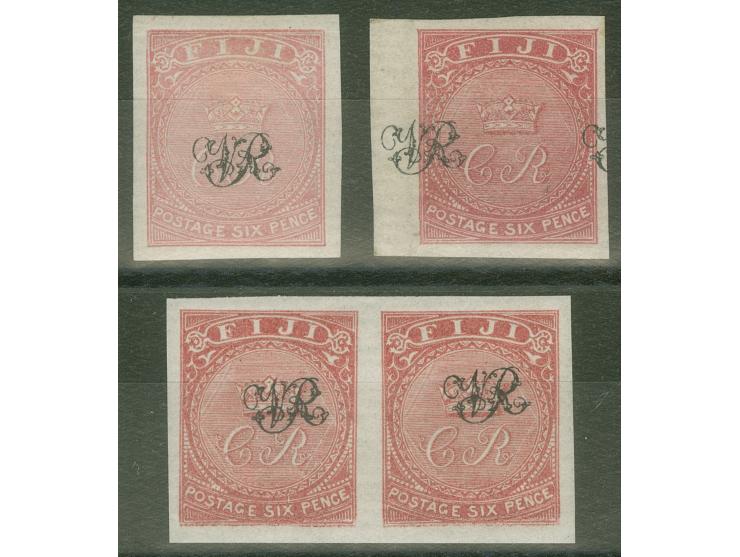 1876, On paper lithographed “VR”: two stamps and pair 6 d. showing shades poor print to deep carmine-rose on wove paper from 