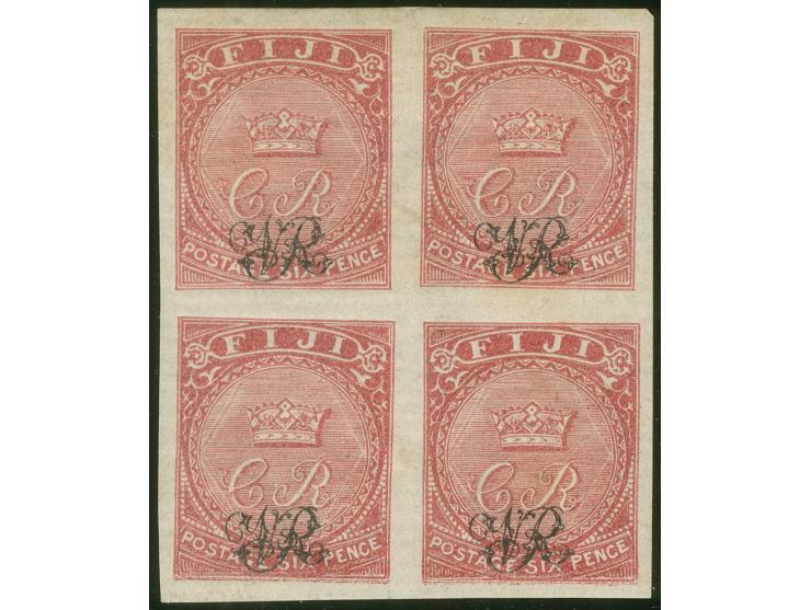 1876, On paper lithographed “VR”: 6 d. carmine-rose on wove paper from the Printer's Waste / Trial sheets, imperforated block