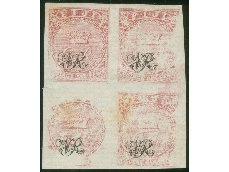 1876, On paper lithographed “VR”: 6 d. carmine-rose on wove paper from the Printer's Waste / Trial sheets, imperforated block