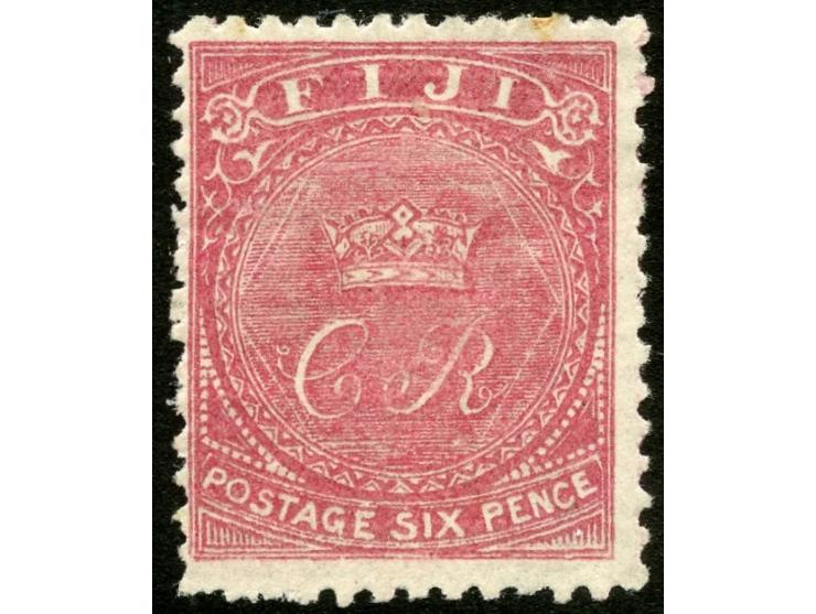 1876, On paper lithographed “VR”: 6 d. carmine-rose on laid paper perforated 12½, variety ‘missing VR overprint’, unused no g