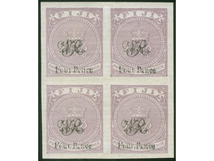 1876, Four Pence on 3 d. mauve on laid paper from the Printer's Waste / Trial sheets, imperforated block of four, deep impres