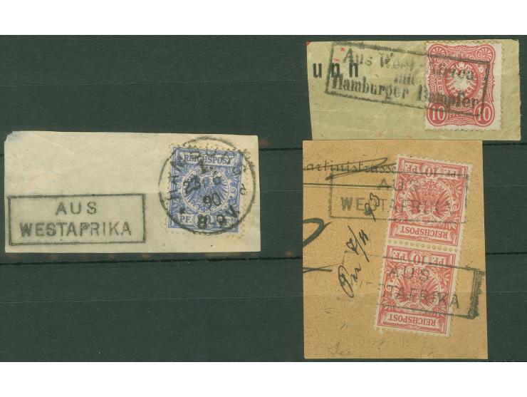 “AUS WESTAFRIKA”, Ra2, zweimal auf senkrechtem Paar Krone/Adler auf Briefstück sowie nebengesetzt auf Briefstück mit 20 Pfg.,