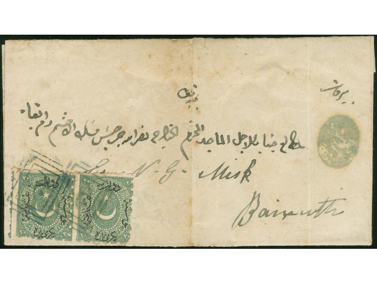 1871 ca., Folded envelope with content from Damas to Beyrouth with pair 30 pa. green, both tied by clear boxed all arabic "SH