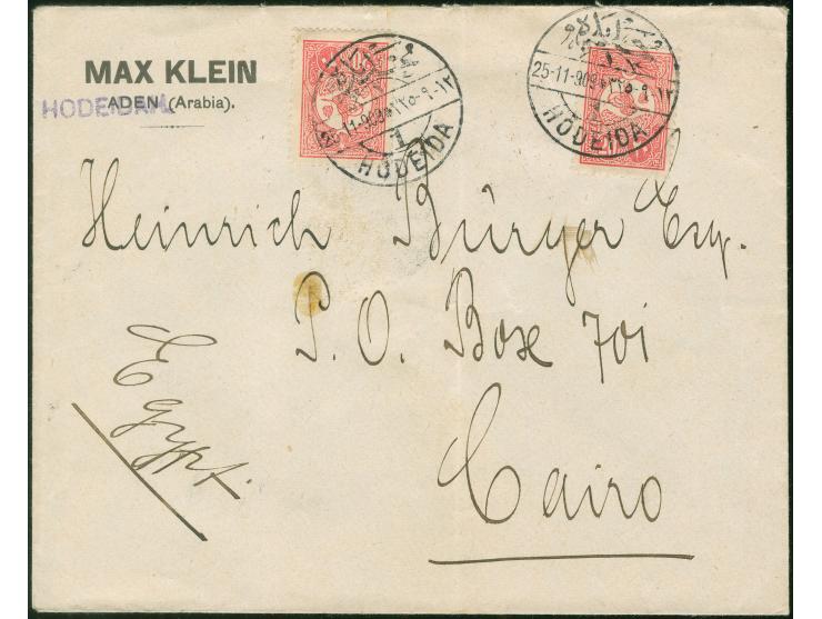 1913, "HODEIDA 1 - 25.11.909" (Coles-Walker type 69, no.1 unrecorded, isf.no.8) on commercial cover Max Klein (Aden) bearing 