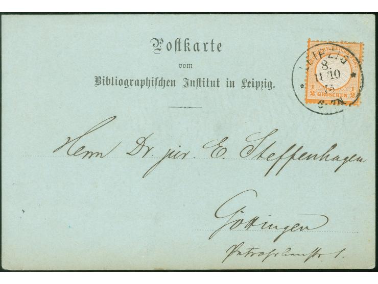 “LEIPZIG 8 ** 11.10.75” klar auf großer Schild ½ Gr. orange auf Vordruck-Postkarte “Bibliographischen Institut in Leipzig” na