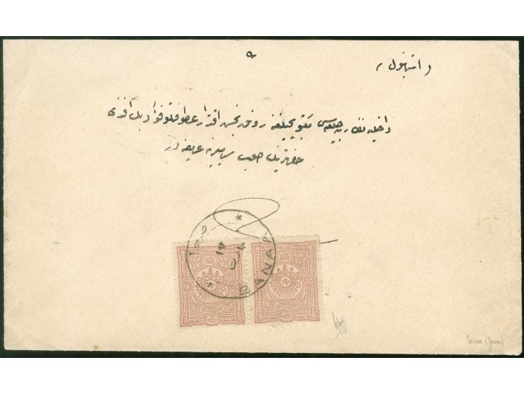 SANAA: 1892 (ca.), cover franked with pair 20 pa. violet of 1892, coat of arms issue and tied by SANAA (A&amp;P type 2, R) da