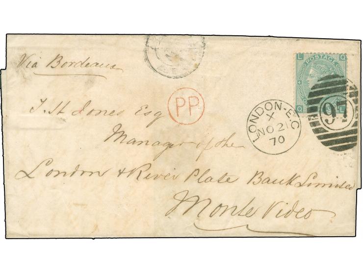 1870, Destination URUGUAY: 1 sh. green tied by LONDON EC X NO/21/70 -´97´ duplex to entire to Montevideo, red circle “PP” alo