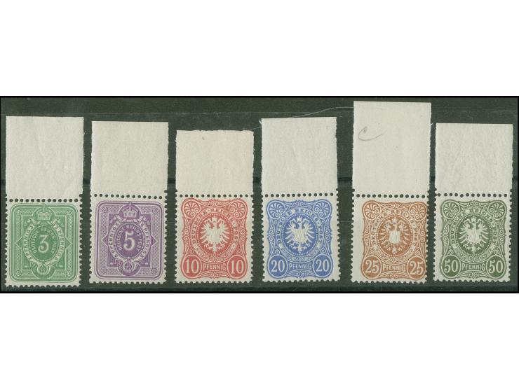 1880, Spätauflagen 3 Pfg.- 50 Pfg., einheitlich mit Bogenoberrand, postfrisch, 10 Pfg. mit kleinem Fleck, ansonsten tadellos