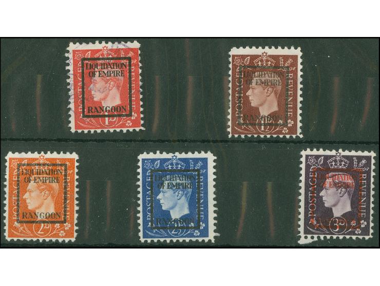 DEUTSCHE FÄLSCHUNGEN FÜR GROẞBRITANNIEN: 1944, Liquidation of Empire “RANGOON” 1 p.- 3p., 1p. gestempelt sonst ungebraucht oh