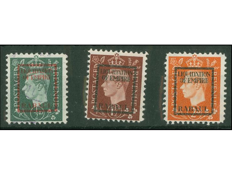 DEUTSCHE FÄLSCHUNGEN FÜR GROẞBRITANNIEN: 1944, Liquidation of Empire “RABAUL” ½ p. gestempelt, sowie 1 ½ p.- 2 p. ungebraucht