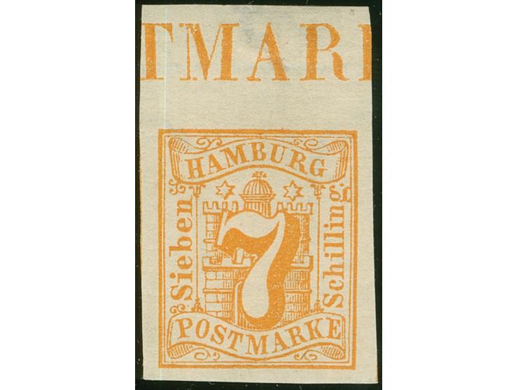 1859, Wappen 7 S. orange, Oberrandstück von Feld 6 mit Buchstaben der Inschrift, breitrandig geschnitten, ungebraucht, ohne G