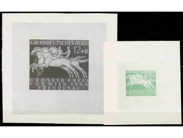 1944, Großer Preis von Wien 12 Pfg. Foto-Essays, ungezähnt, in schwarzlila und grün, in zwei Formaten (84 x 91 mm und 125 x 1