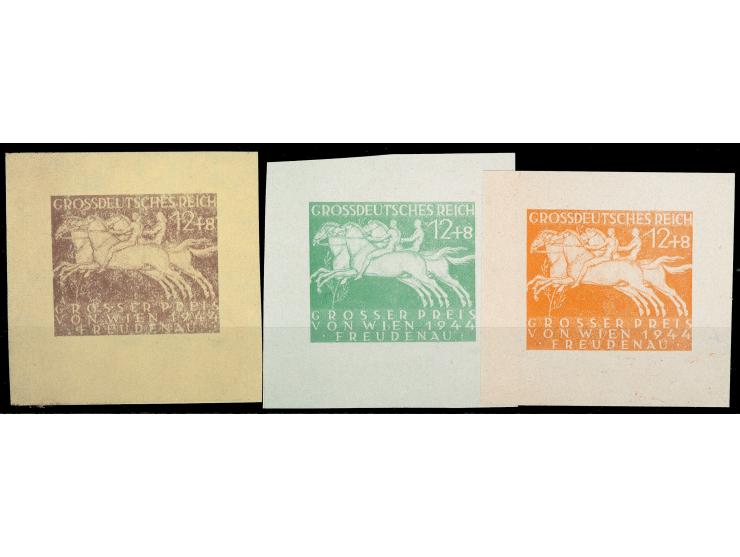 1944, Großer Preis von Wien 12 Pfg. Foto-Essays, ungezähnt, in braun, orange und grün (50 x 48 mm) auf Chromopapier ohne Gumm