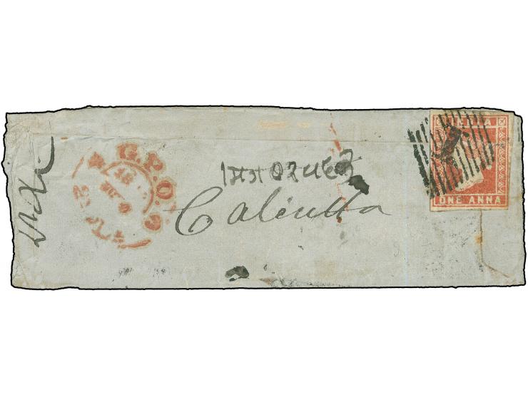 1857, 1 a. red, die 1, single with ample to wide margins, tied by numeral “1” in diamond of parallel lines of the Bombay Head