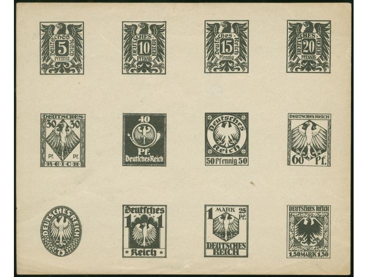 1920, Amtlicher Wettbewerb 5 Pfg.- 1,50 M. schwarz, Kleinbogen mit 12 Essays (145 x 117 mm), von Eduard Seith, K. Seith sowie