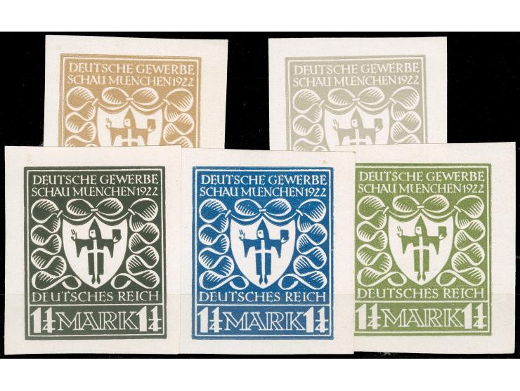 1922, Gewerbeschau München 1 ¼ M., fünf verschiedenfarbige Essays im Großformat auf Kunstdruckpapier, ungezähnt, ohne Gummi, 